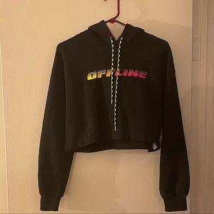 black cropped hoodie. Size in girls is 10/12. Size in teen in small.